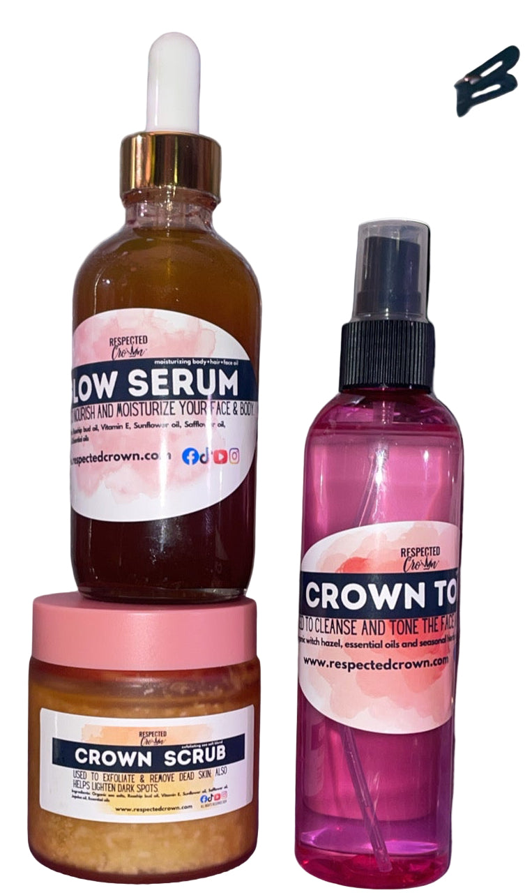 Collection of skincare products including serum, scrub, and toner. Use the three together for beautiful, glowing skin.
